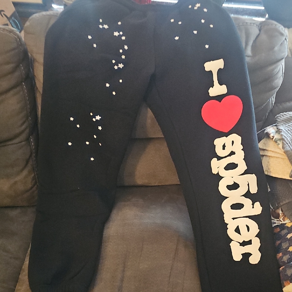 Sp5der Black Joggers with Red Heart and White Text